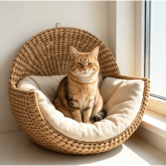 Handwoven Wall Mounted Cat Bed, Breathable Hanging Cat Wall Perch, Cozy Cat Napping House with Removable Washable Cushion, Durable Woven Cat Furniture for Indoor Adult Cats & Kittens
