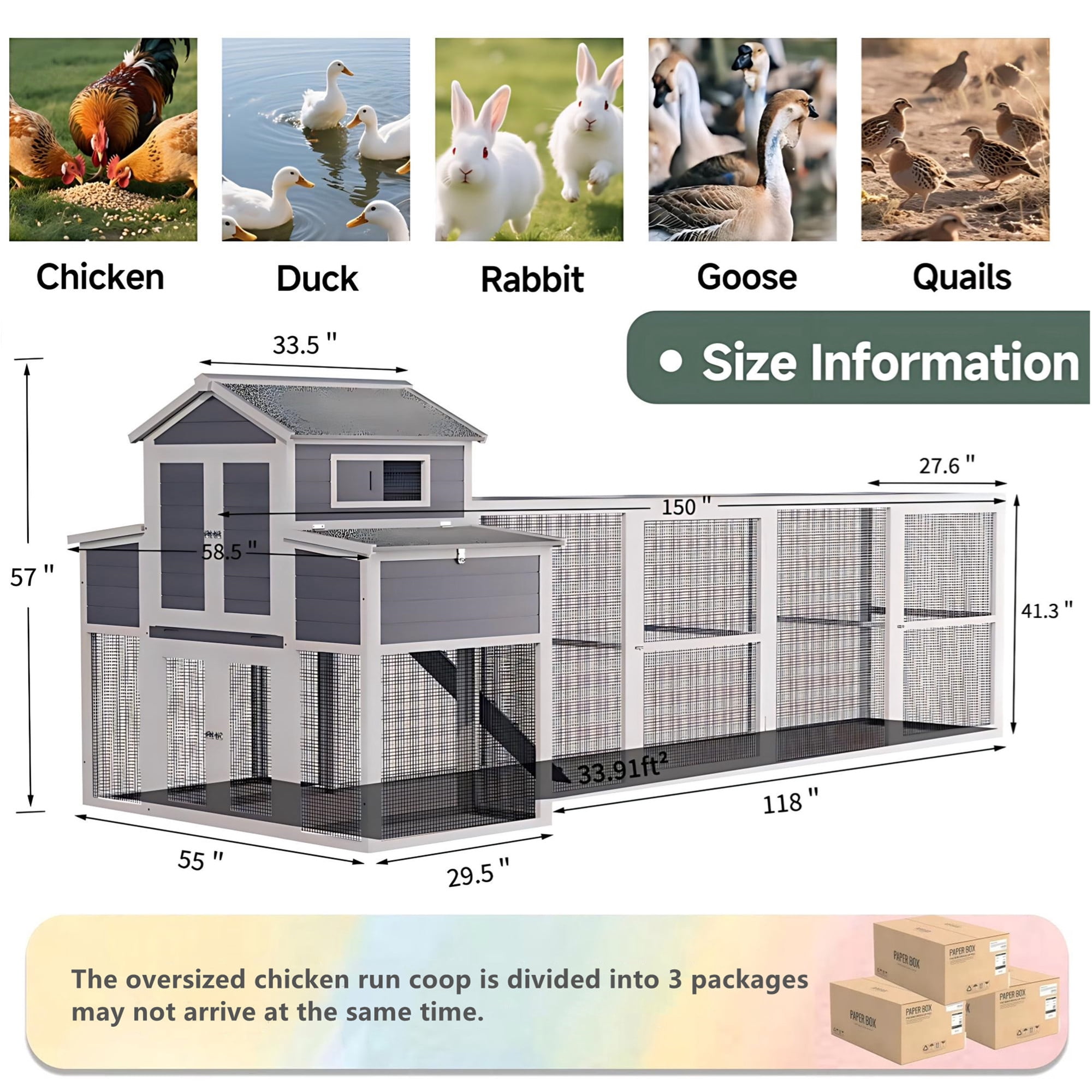 Aukfa 150" Extra Large Chicken Coop Wooden 2 Tier Chicken Run Cage with 4 Nesting Boxes, Waterproof Roof for Outdoor, Backyard, Gray