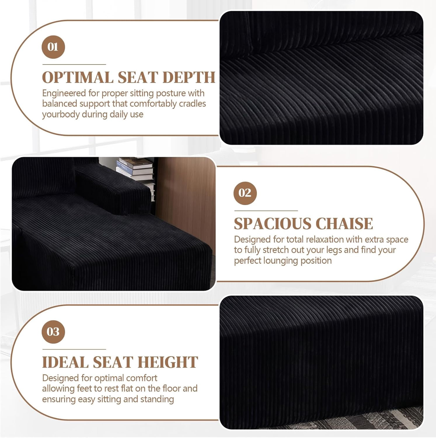 96.5" Corduroy Modular L Shaped Sectional Sofa for Living Room Bedroom, No Assembly, Black