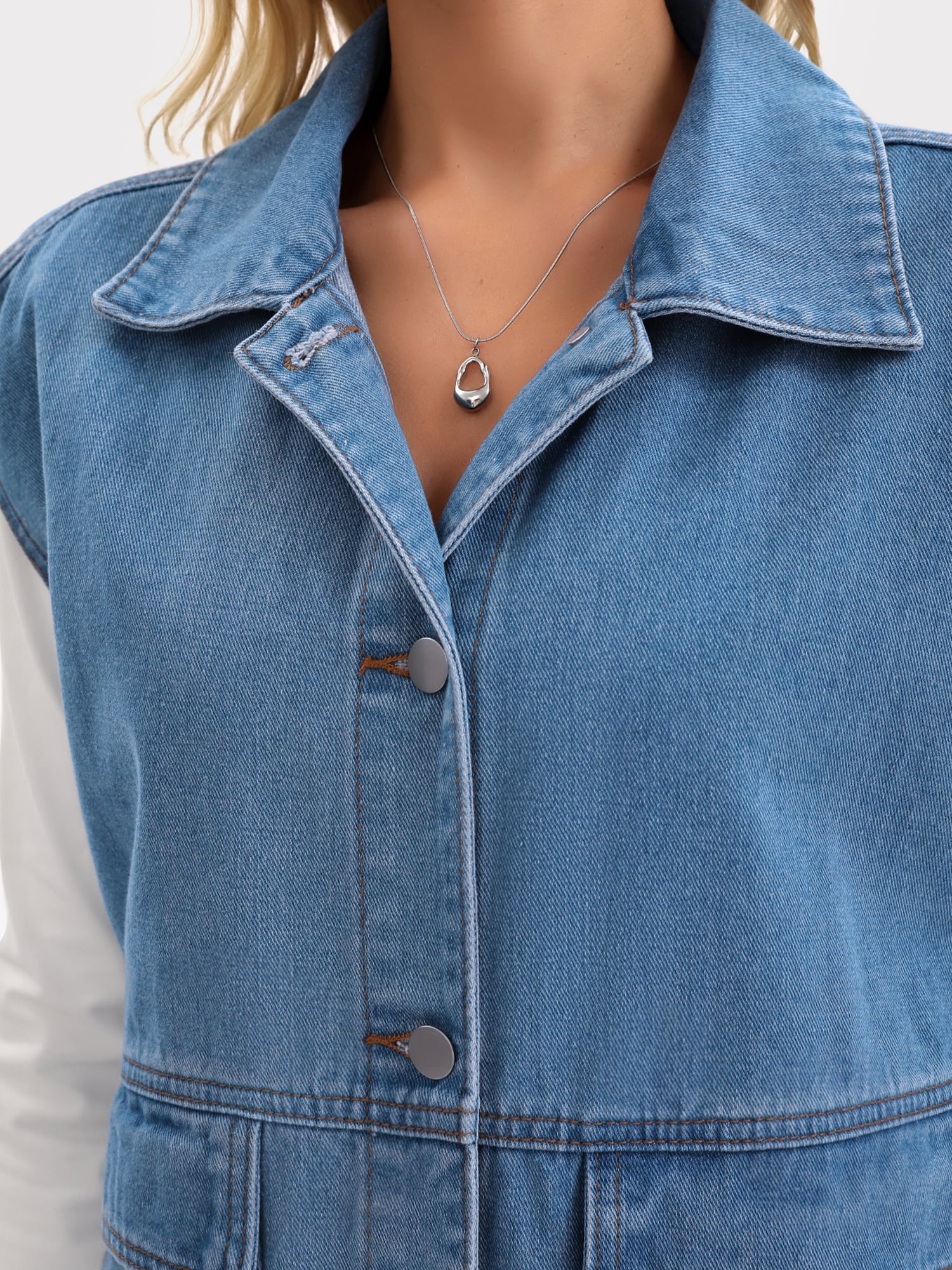 DARING DIVA Women's Button Down Oversized Sleeveless Utility Jean Jacket L Blue