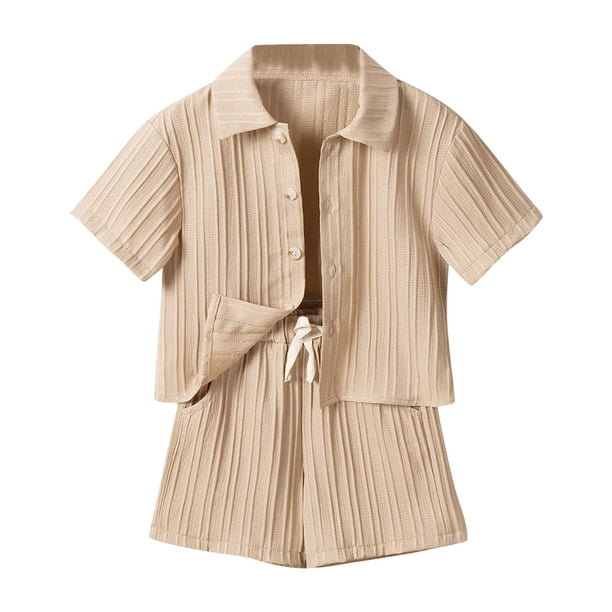 Odeerbi 1-6 Años Niños Conjunto de Verano Tejido de Punto de Algodón Manga Corta Shorts Set Cuello Botón Top Cintura Elástica Shorts Conjunto de Dos Piezas
