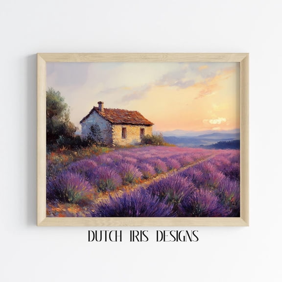 Rustic Lavender Field With Stone Cottage, Country Landscape Art, Sunset Scene, Cottagecore Decor, Peaceful Wall Print 564 Home Decor #1975, Unframed Poster Size 8x12