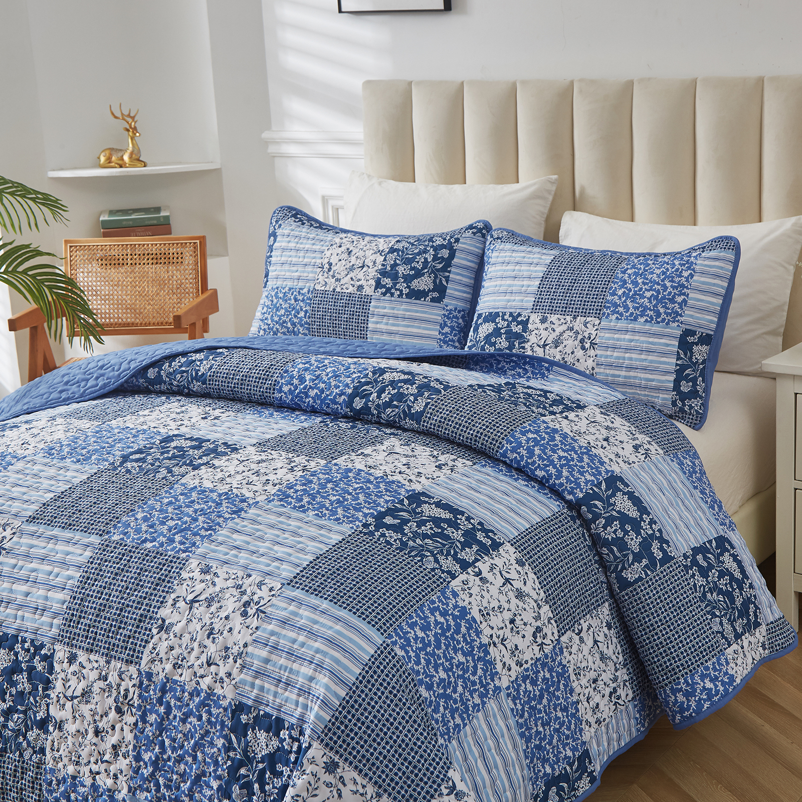 Blue Boho King Size Bedspread Coverlet Set 3 Pieces Plaid Floral Quilt Set Patchwork Bedding Set 90"x104"