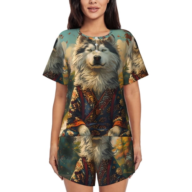 Balery Forest Maple Leaf Husky Conjunto de Pijama para Mujer con Estampado, Dos Piezas de Manga Corta y Shorts, Ropa de Dormir Suave con Cuello Redondo y Bolsillos-3X-Large