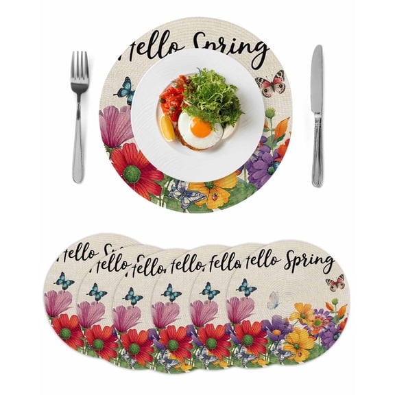 Spring Flowers Round 15 Inch Placemats Set of 6, Farmhouse Vintage Country Colorful Floral HeatResistant Non Slip Place Mats for Dining Table, Wipeable Braided Kitchen Table Mats for Housewarming