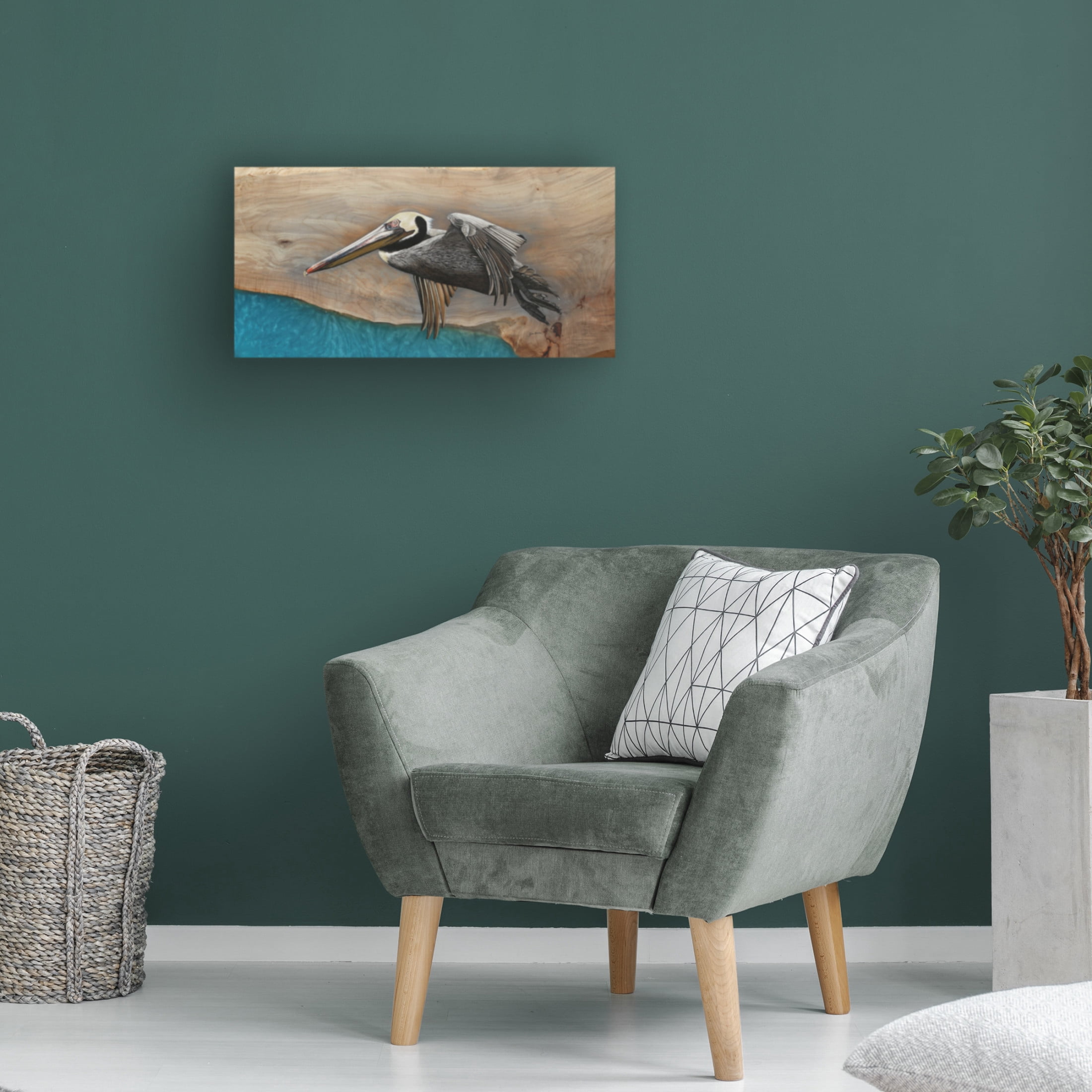 Canvas Wall Art - Jim Brune 'Pelican Over Turquoise Water' Wall Art for Living Room, Bedroom, or Office Décor by Trademark Fine Art - 32 x 16 Inches
