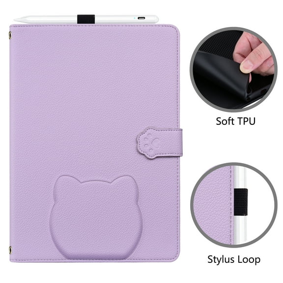 ELEHOLD PU Leather Case For Samsung Galaxy Tab S11 Ultra 2025  ,TPU  PU Leather Cute Kitten Shockproof Magnetic Flip Kickstand Multi-Angle Card Slot Automatic Sleep Case,Purple