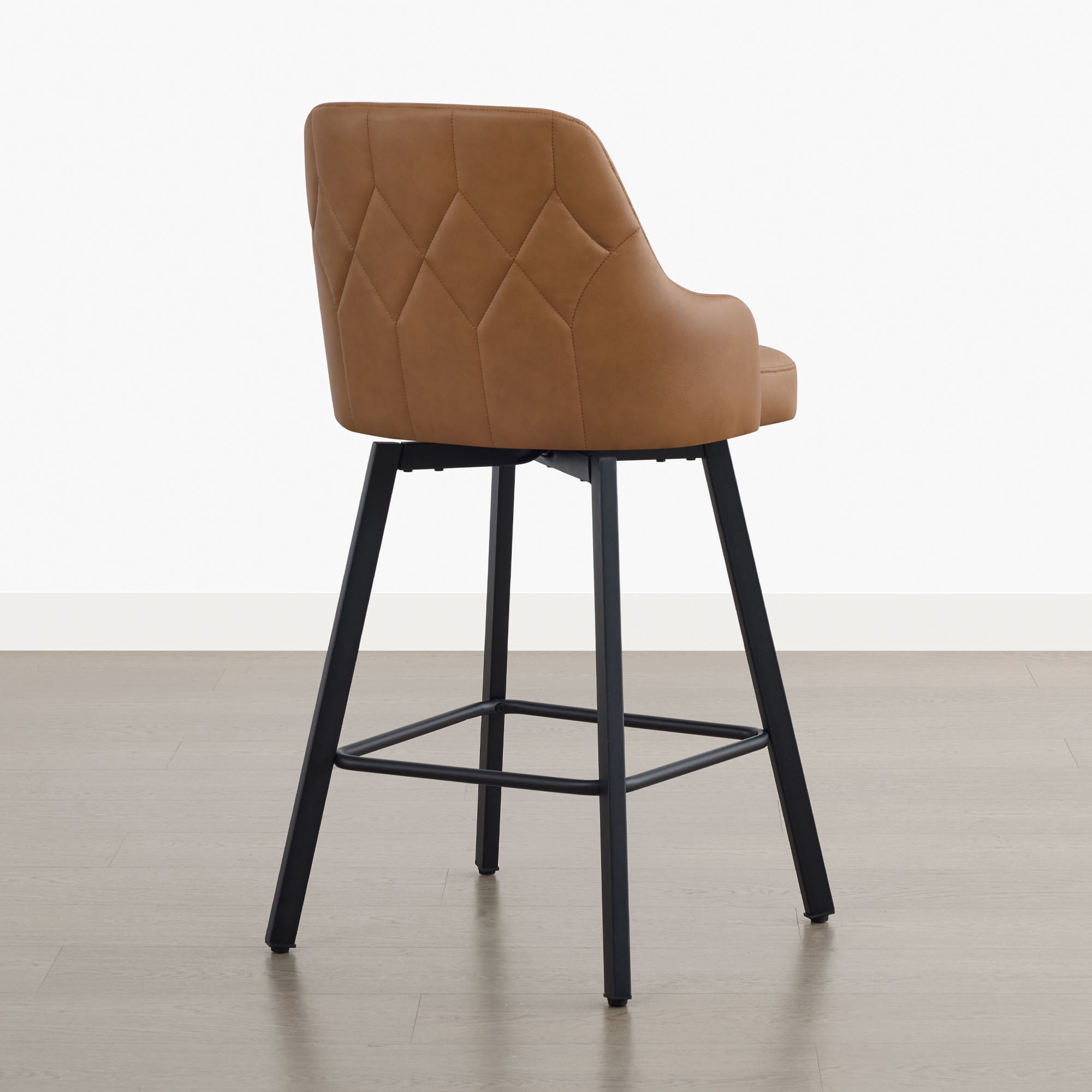 Spruce & Spring Swivel Counter Stools Set of 2, Modern Faux Leather Bar Stools with Back and Arms, Diamond Stitch Upholstered Kitchen Island Chairs, Matte Black Metal Legs, Counter Height, Brown