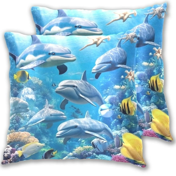 Dolphins in The Sea Throw Pillow Covers 16x16 Inch 2 Packs Decorative Square for Living Room Couch Bed Sofa