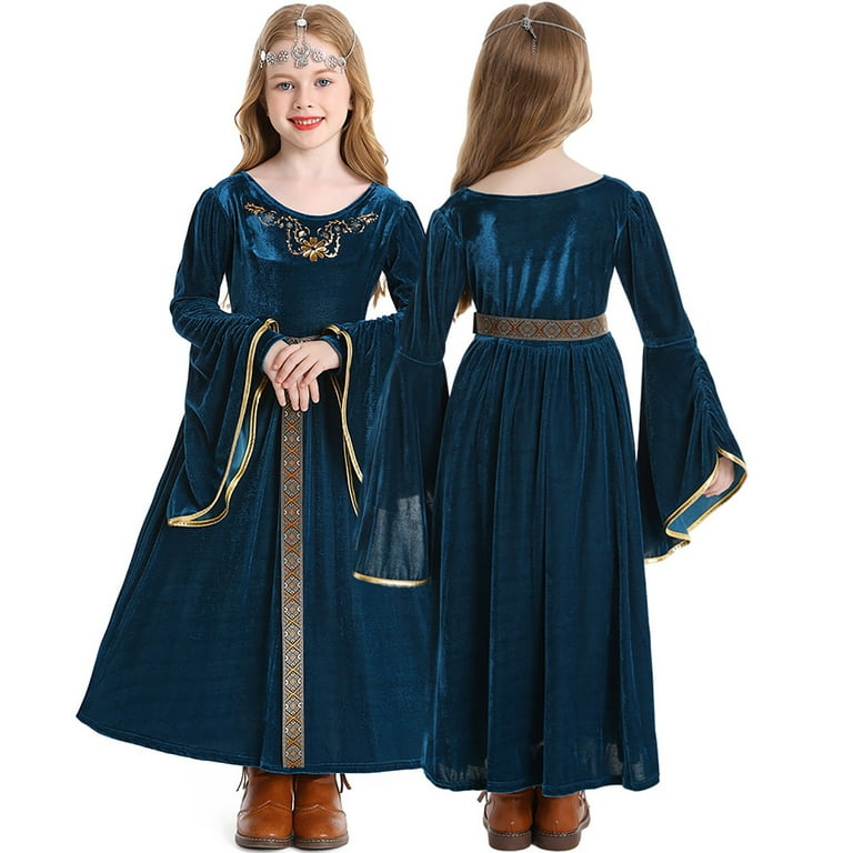 Kids Blue Princess Costume Medieval Royalty Dress Kids Blue Princess Costume Medieval Royalty Dress