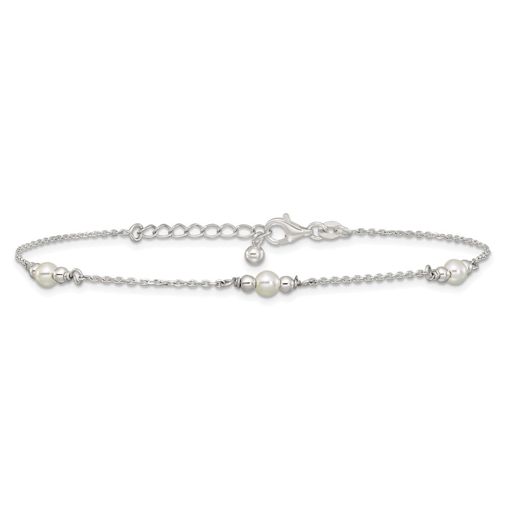 Sterling Silver Polished and Beaded with Acrylic Pearl 9 in with 1 inch Extension Anklet