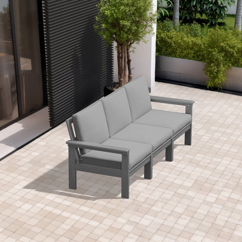 FUNDAZE Oversized HDPE Patio Furniture Sets, 3-Seater Outdoor Conversation Set | For Patio, Poolside, Backyard Use, Grey Frame with Gray Cushion