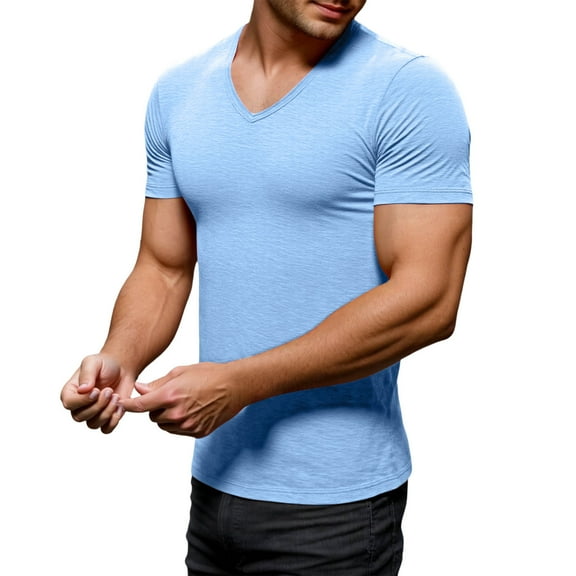 MIXUE Shirts For Men Summer Solid Color V Neck Short Sleeve Slim Casual Soft Basic Pullover Tops Tee Shirts Daily-Wear,Blue,L