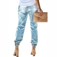 thumbnail image 4 of Pantalones de bolsillo rasgados para mujer Pantalones casuales con cordón lavado en la cintura elástica con cordón de mezclilla Fridja  hfkajh99252, 4 of 7