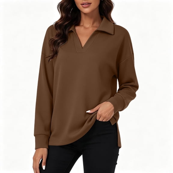 Dolkfu Brown going out tops Retro V-Neck Long Sleeve Sweatshirt Relaxed Fit Romance Solid Modern Sweatshirts & Hoodies Coffee,L