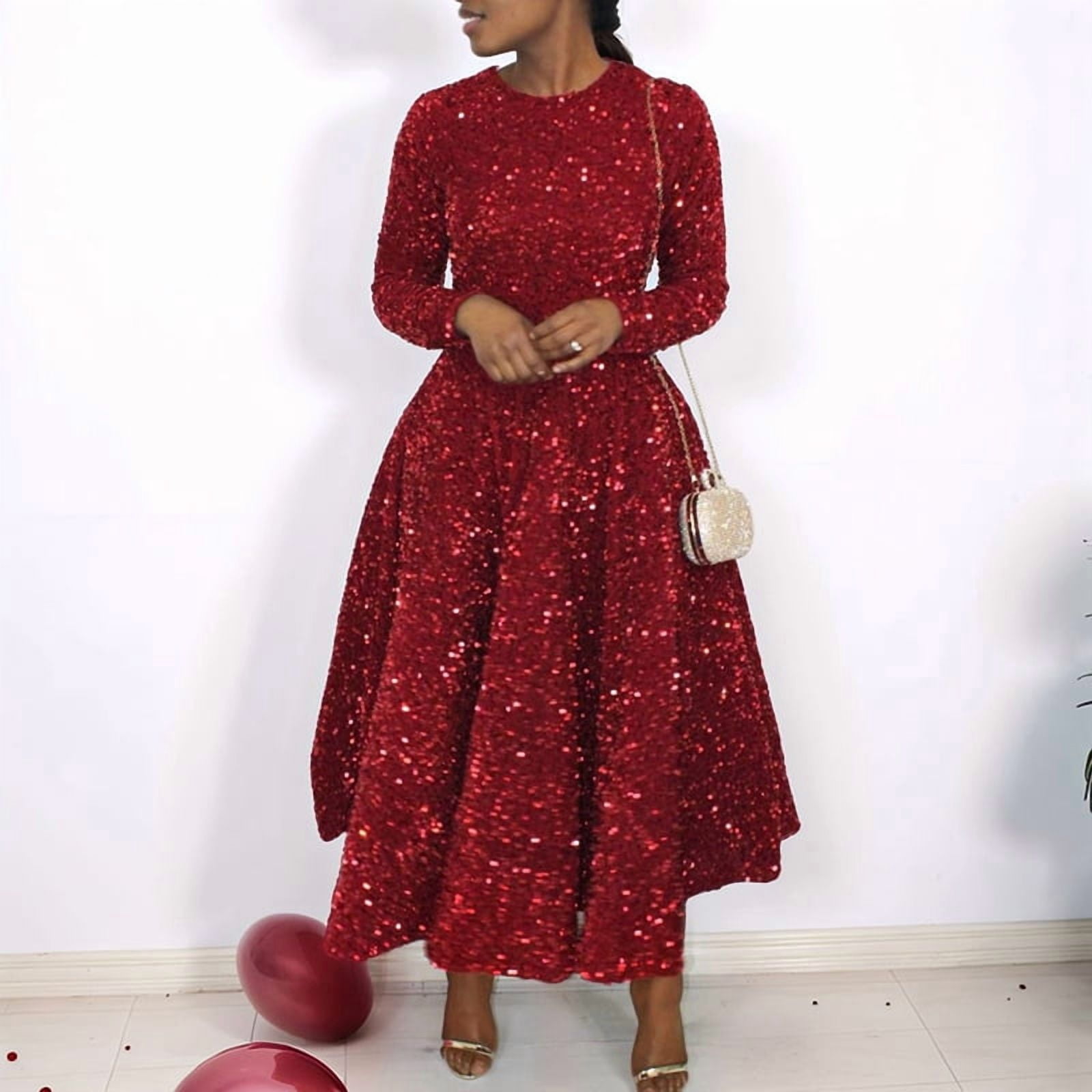 Women'S Sequin Plus Size Long Sleeve A-Line Flared Party Cocktail Sparkle Glitter Evening Shiny Maxi Dress Red L