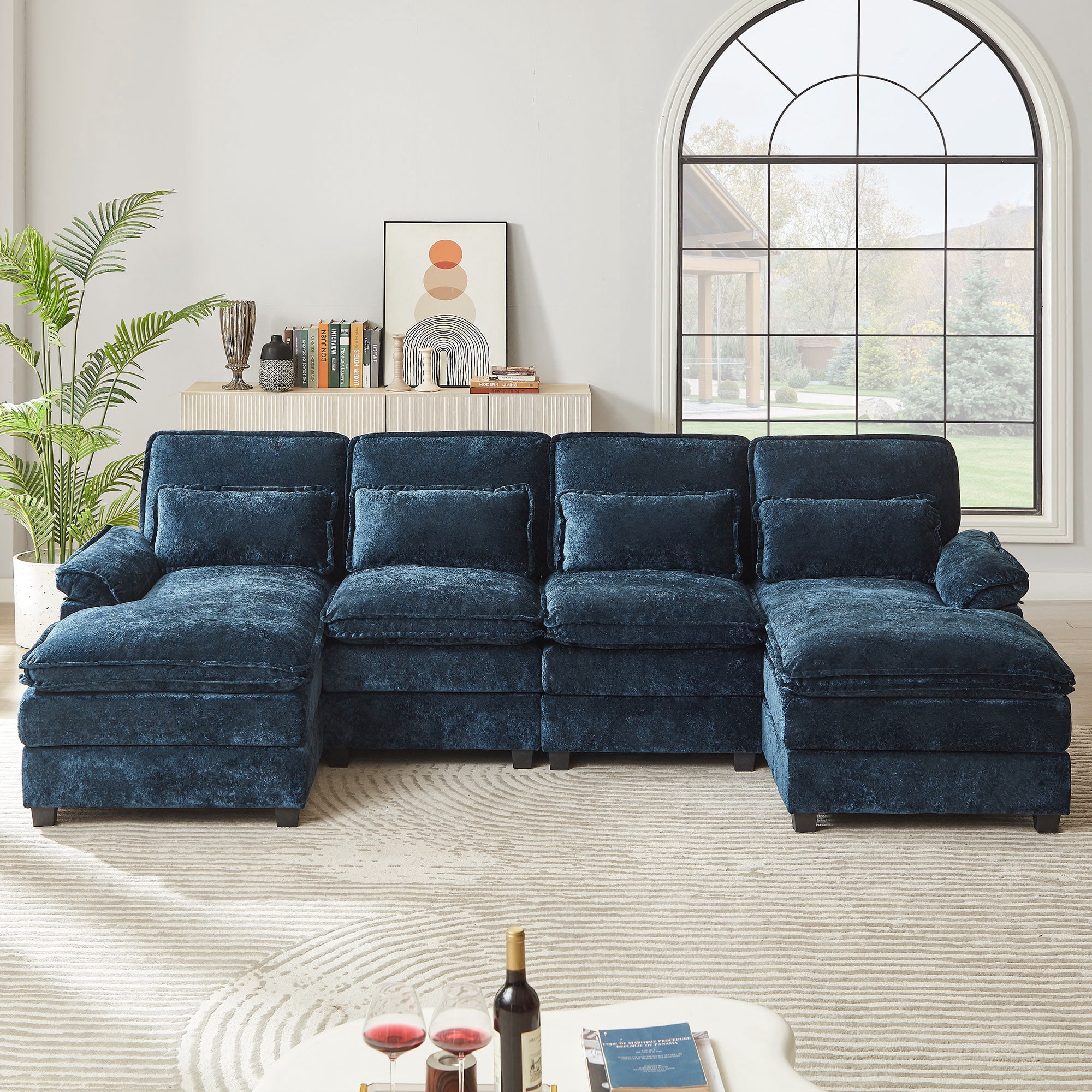 Pingliang Home Oversized Sectional Sofa U Shaped Couch 4 Seat with 4 Waist Pillows,Chenille Upholstery Symmetrical Sleeper Sofa Cloud Couch with Double Chaise Lounge for Living Room Apartment Office
