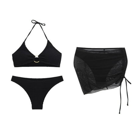 Rigardu tankini swimsuits for women Women s 3 Bathing Suits Ring Bikini Set With Cover Up Skirt swim suits for women Black + M