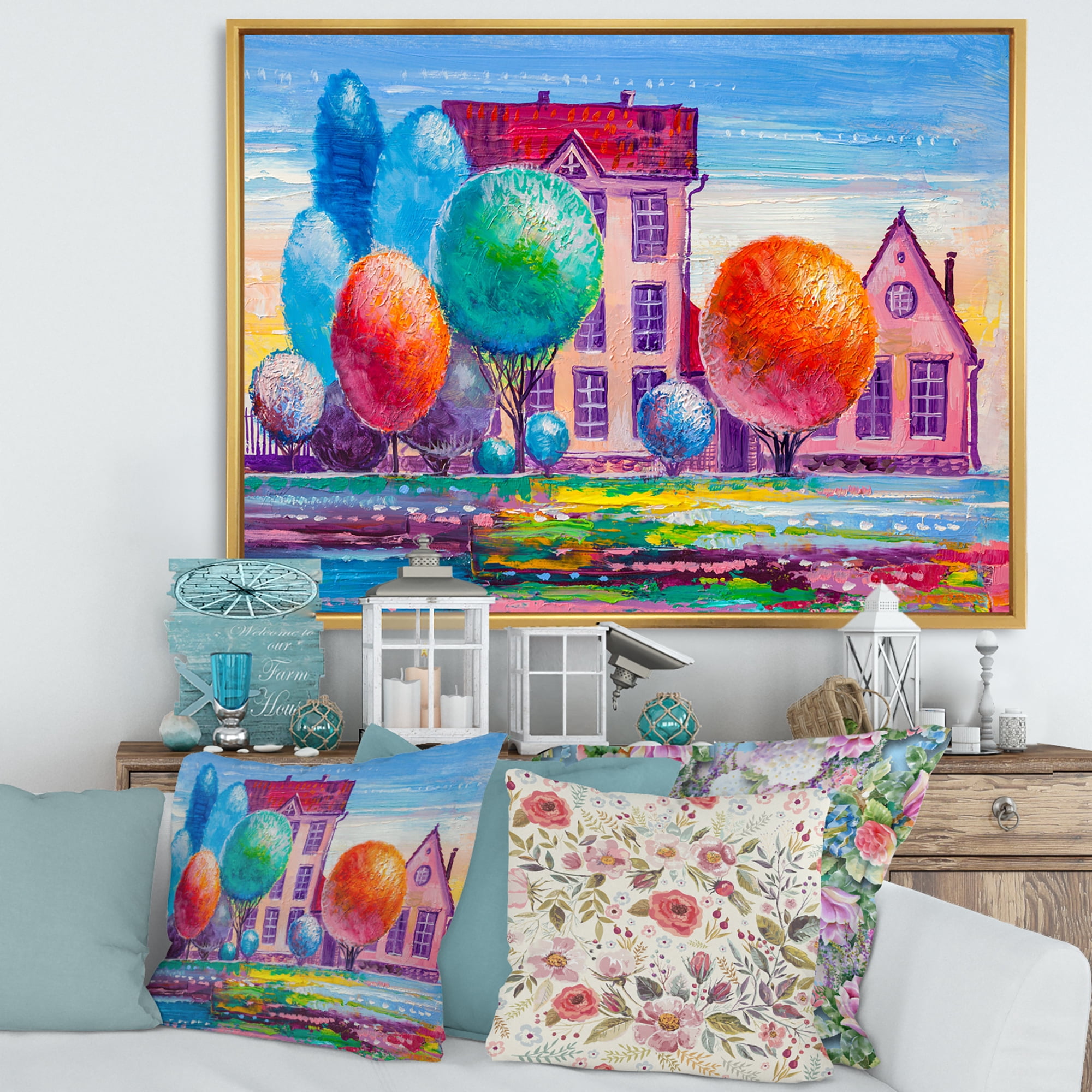 Abstract Daydream House In The VIllage 40 in x 30 in Framed Painting Canvas Art Print, by Designart