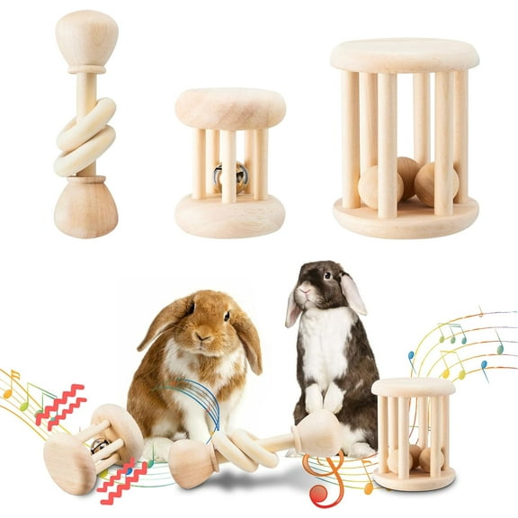 3 Pcs Wooden Bunny Toys - Safe Rabbit & Guinea Pigs Teeth Grinding Toys for Chinchillas, Hamsters & Small Animals - Indoor & Outdoor