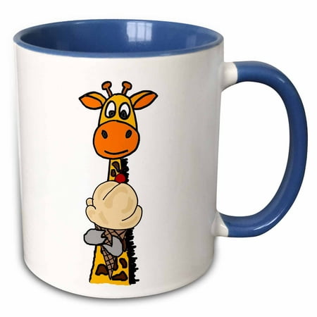 3dRose Funny Cute Giraffe Eating Vanilla Ice Cream Cone - Two Tone Blue Mug,