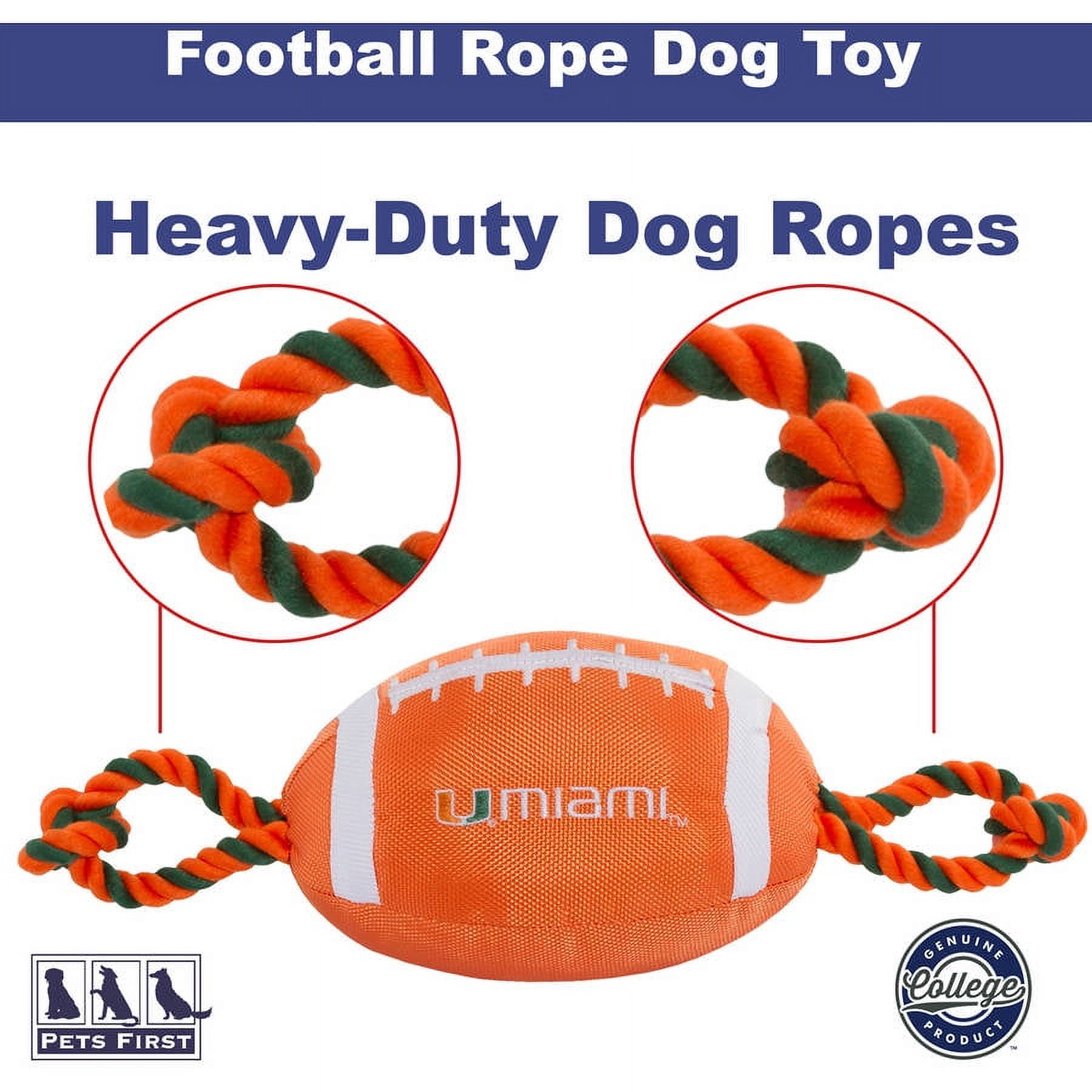 Pets First NCAA Miami Hurricanes Strong, Durable, Chewable Football Dog Toy with Inner Squeaker and Side Ropes, Officialy Licensed