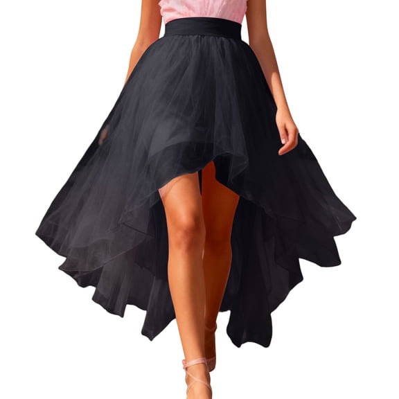 Women's High Low Tulle Tutu Skirts Elastic High Waisted Irregular Flowy Layered Skirts Fashion Carnival Party Outfits Black One Size