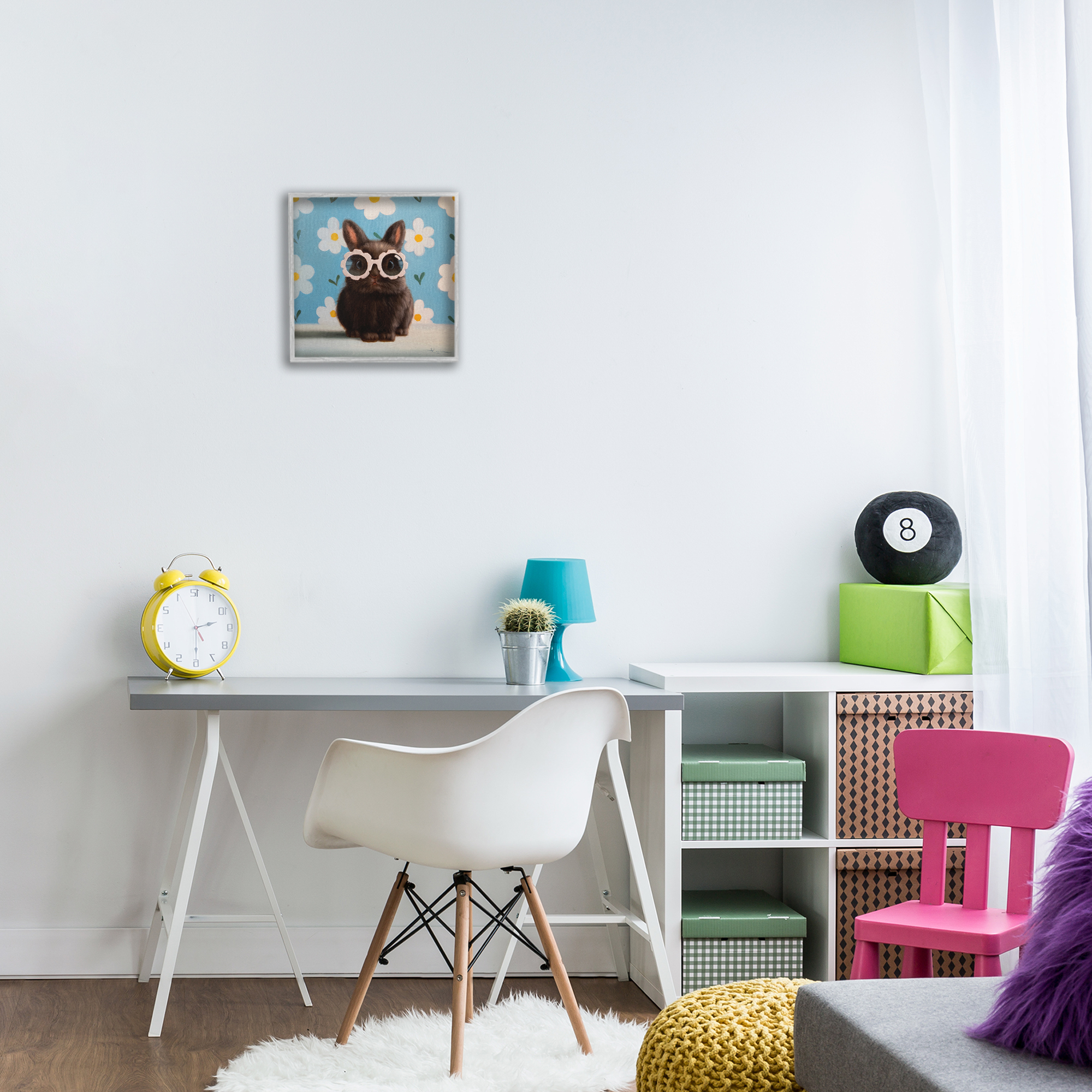 Flower Child Bunny Gray Framed Giclee Art, design by Lucia Heffernan