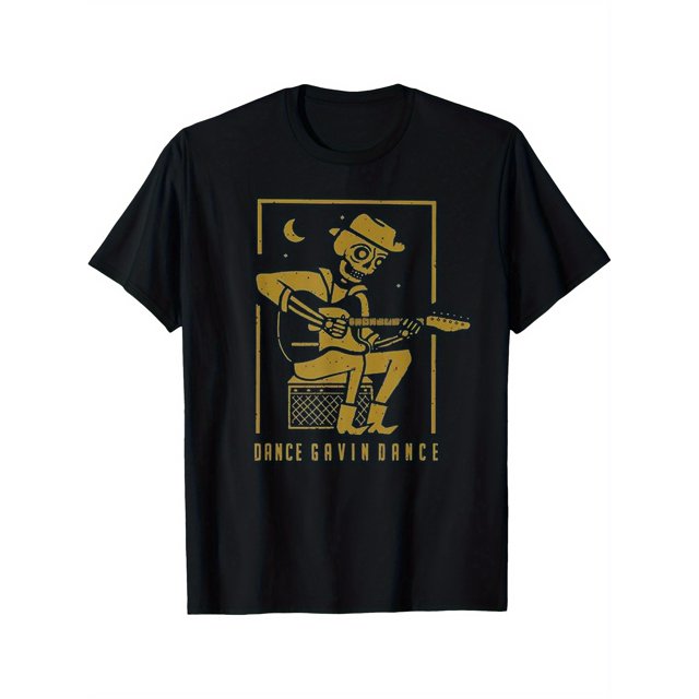 T Shirt Dance and Calligraphy Pattern Black Casual Crew Neck with Guitar Skeleton Design