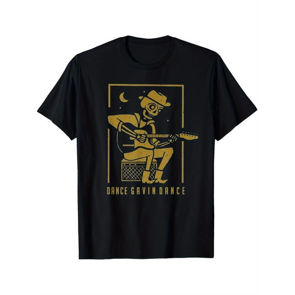 T Shirt Dance and Calligraphy Pattern Black Casual Crew Neck with Guitar Skeleton Design