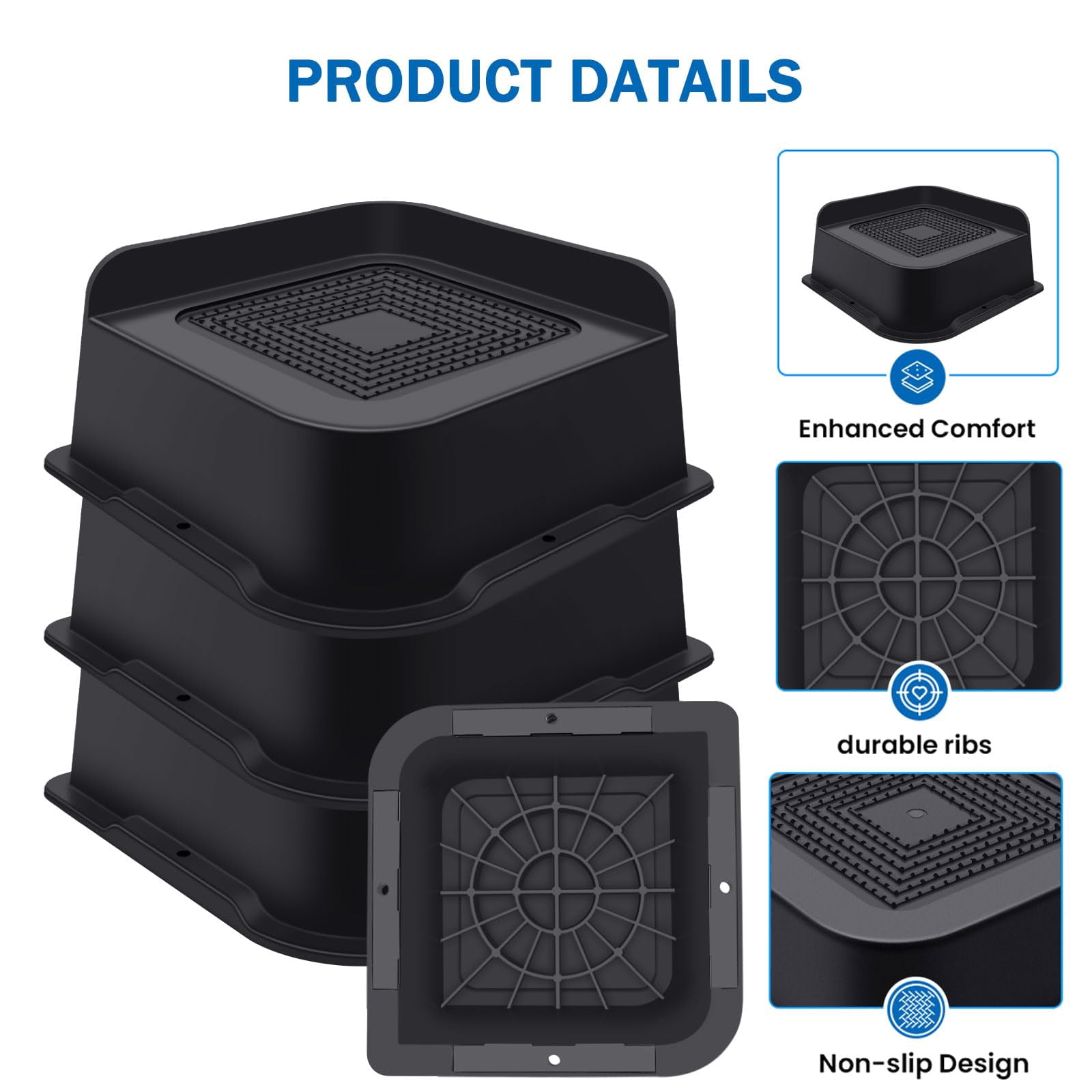 ANNKUT Heavy Duty Bed Risers 4 Inch, 8 Pack Black - Furniture Lifts For Bed, Sofa, Desk - Supports Up To 5000 Lbs