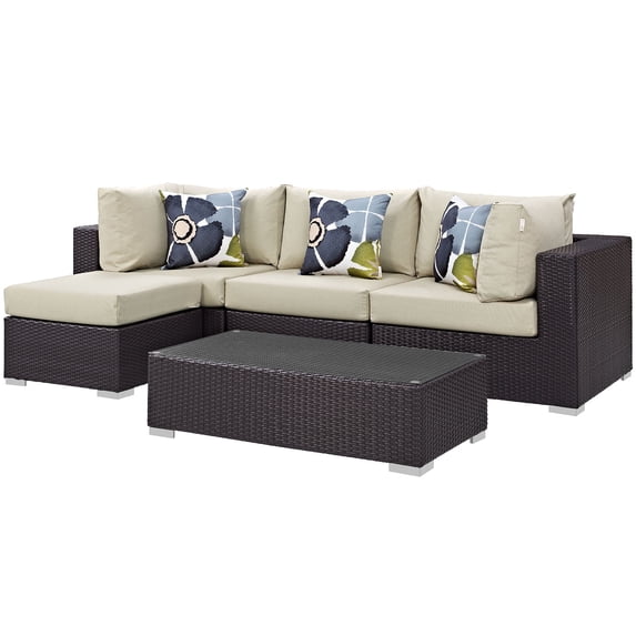 Modern Contemporary Urban Design Outdoor Patio Balcony Five PCS Sectional Sofa Set, Beige, Rattan