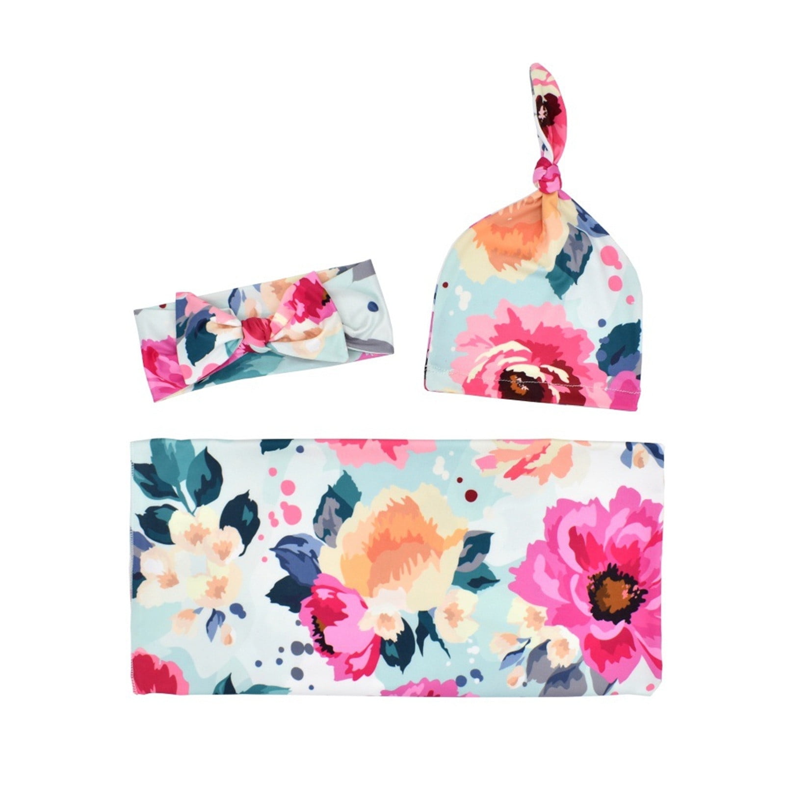 Soft Baby Swaddle Blankets Hat Headband Set For Boy Girl Stretchy Floral Receiving Blanket