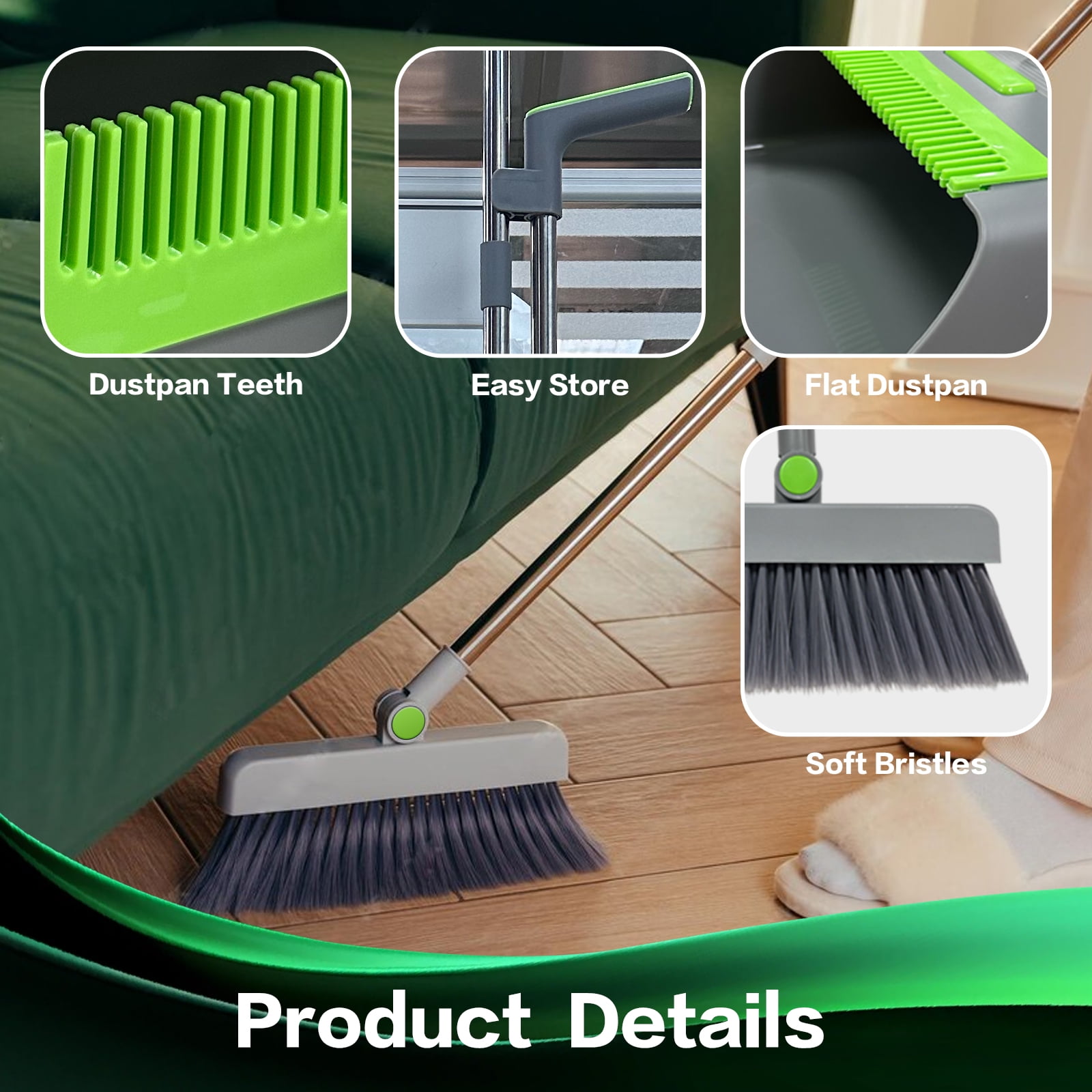 HOME TIMES 3-in-1 Broom Dustpan and Brush Set, Stainless Steel
