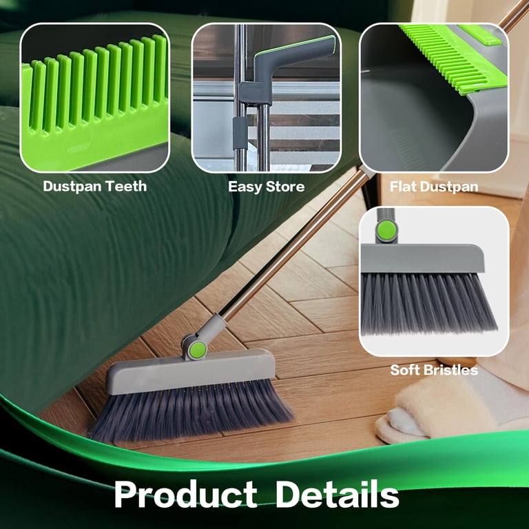 HOME TIMES 3-in-1 Broom Dustpan and Brush Set, Stainless Steel