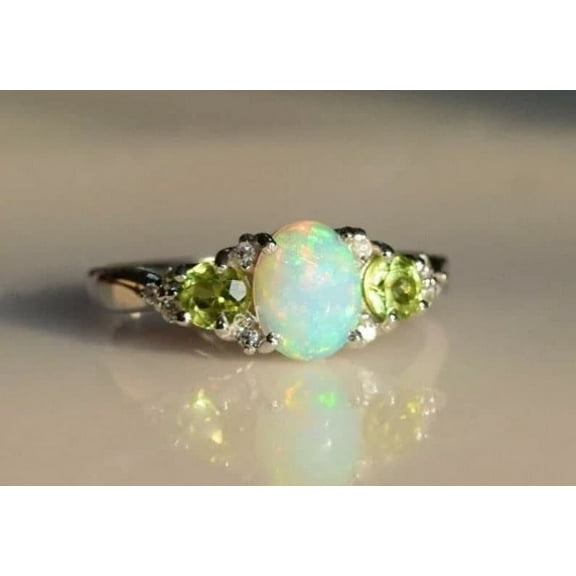 Vintage Opal And Peridot Engagement Ring Natural Opal Diamond Cluster Two Gemstone Delicate Ring 925 Silver Birthstone Ring Gift For Women.