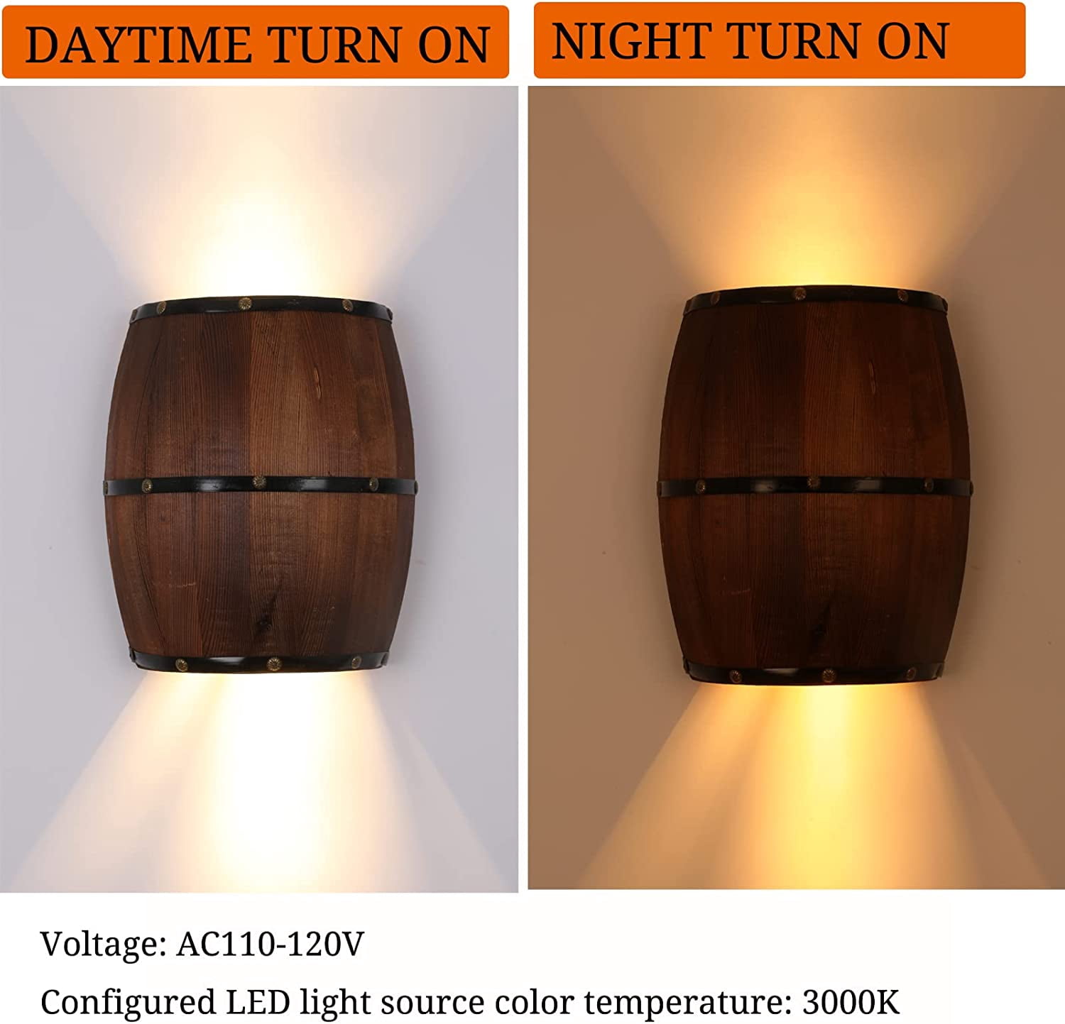 Miumaeov Wood Wine Barrel Wall Sconce Lighting Fixture, Up and Down LED Wall Lighting Fixture, Wall Lamp for Bar, Cafe, Kitchen, Bedroom, Hallway
