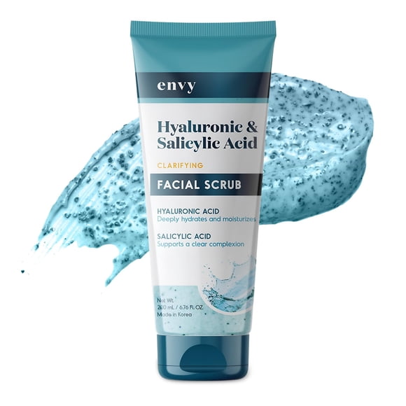 Exfoliante facial con ácido hialurónico y ácido salicílico Envy - Exfoliante facial hidratante y antienvejecimiento - Belleza limpia probada por dermatólogos para todo tipo de piel - 6.76 oz