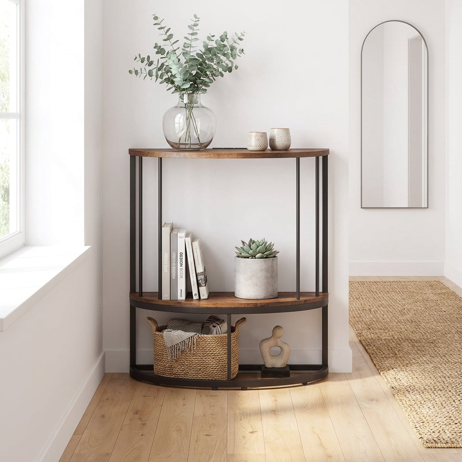 Furnibear 2 Tier Half Moon Console Table with Power Outlets and Storage Shelf for Entryway Hallway and Living Room Sofa, Rustic Brown