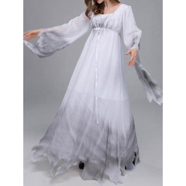 Women Halloween Bride of Frankenstein Costume Horror Zombie Ghost Cosplay  Costume White Fancy Dress