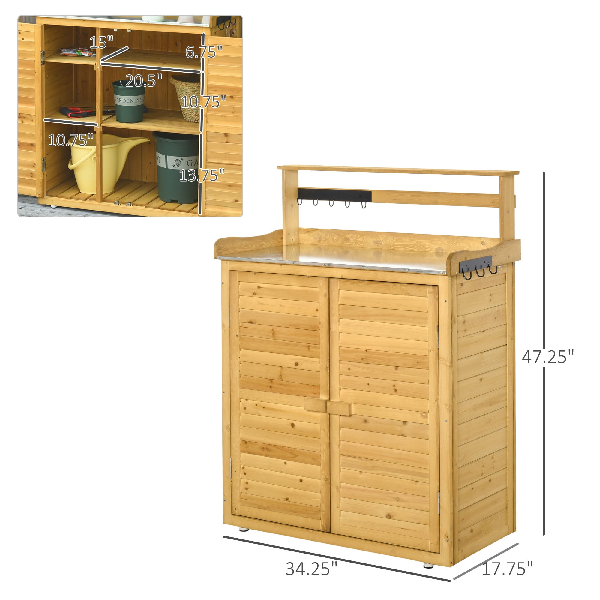 MAYEERTY 47.25" Tall Wood Potting Bench Shed, Outdoor Garden Tool Storage Cabinet with Metal Tabletop, for Backyard, Patio
