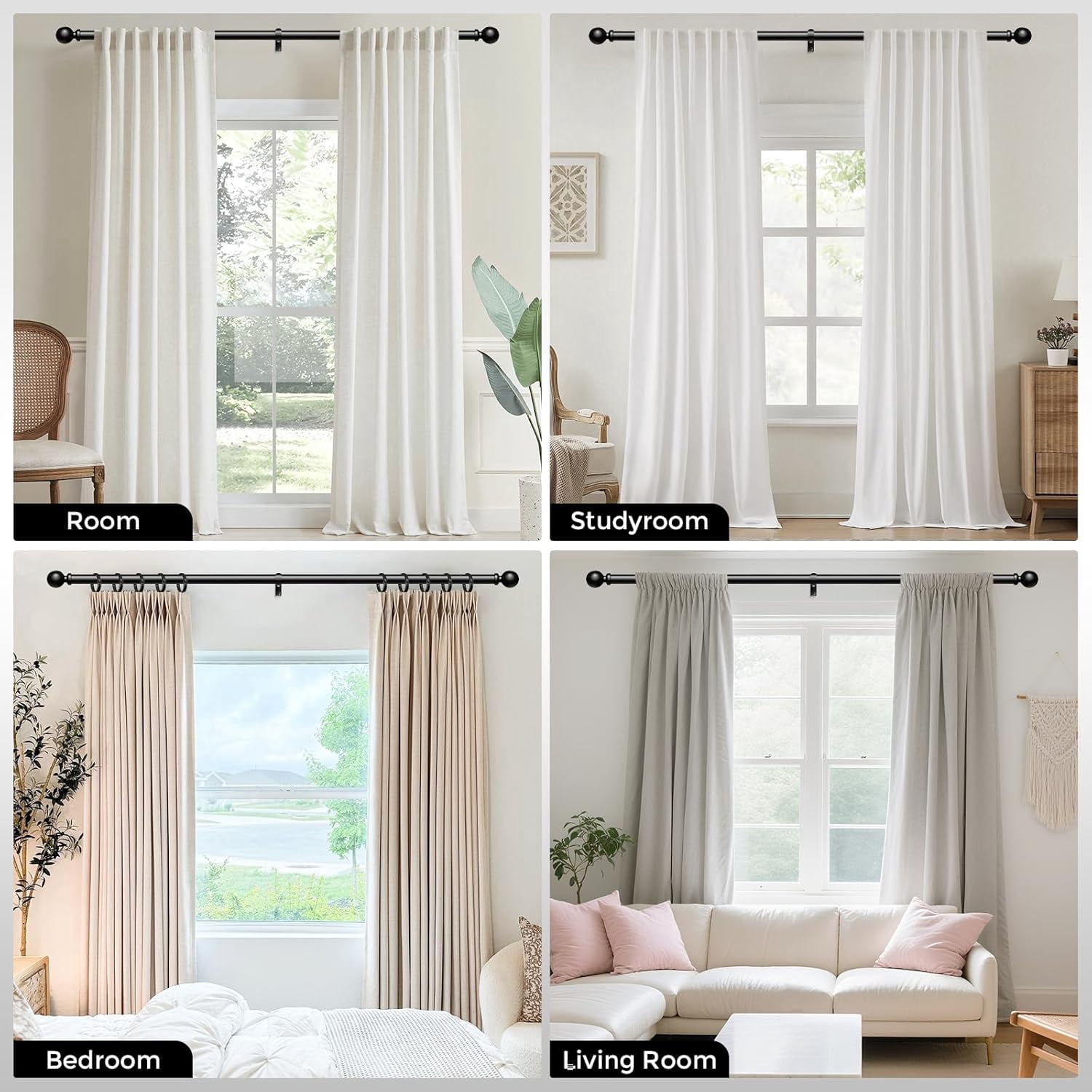UniMall 2 Pack Curtain Rods 48 to 84 Inch, Black 1 Inch Adjustable Heavy Duty Curtain Rods for Windows, Decorative Modern Window Treatment Rod, Splicing Metal Drapery Pole, Easy Installation