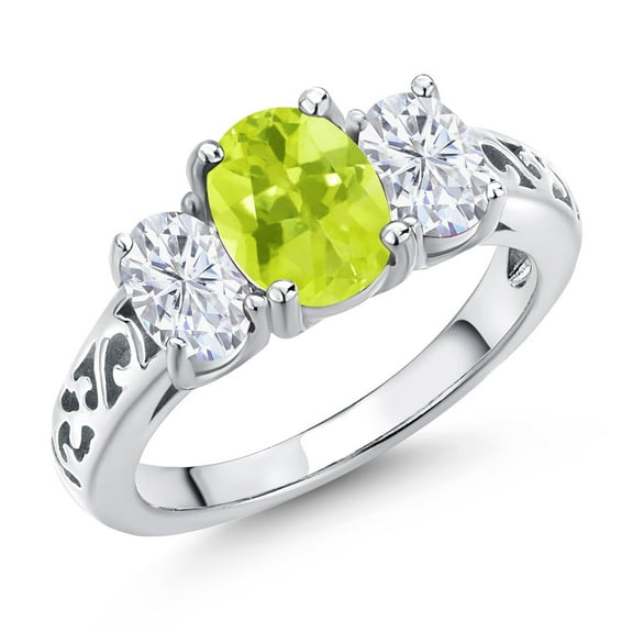 Gem Stone King 925 Sterling Silver Yellow Lemon Quartz and White Moissanite Filigree Style 3 Stone Ring for Women (2.10 Cttw, Oval 8X6MM and 6X4MM) (Size 6)