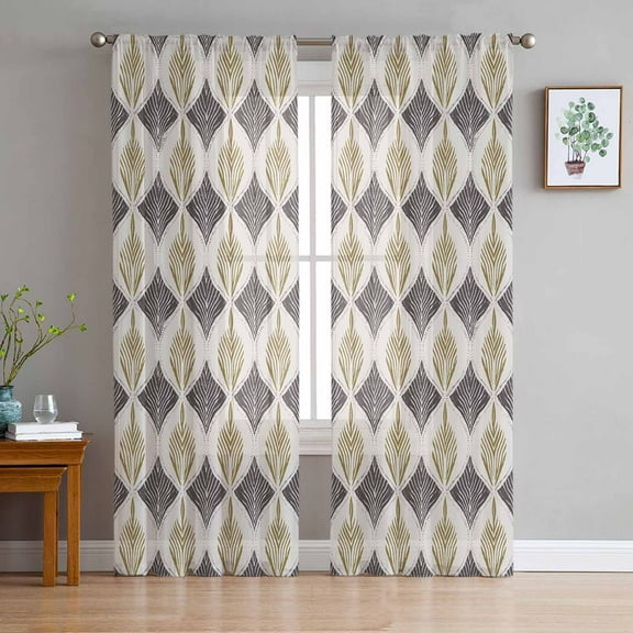 Brown Grey Sheer Curtains 96 Inches Long 2 Panels Set, Window Sheer Curtains for Living Room/Bedroom, Modern Abstract Geometric Contemporary Light Filtering Rod Pocket Curtain 52'' x 96'' x 2