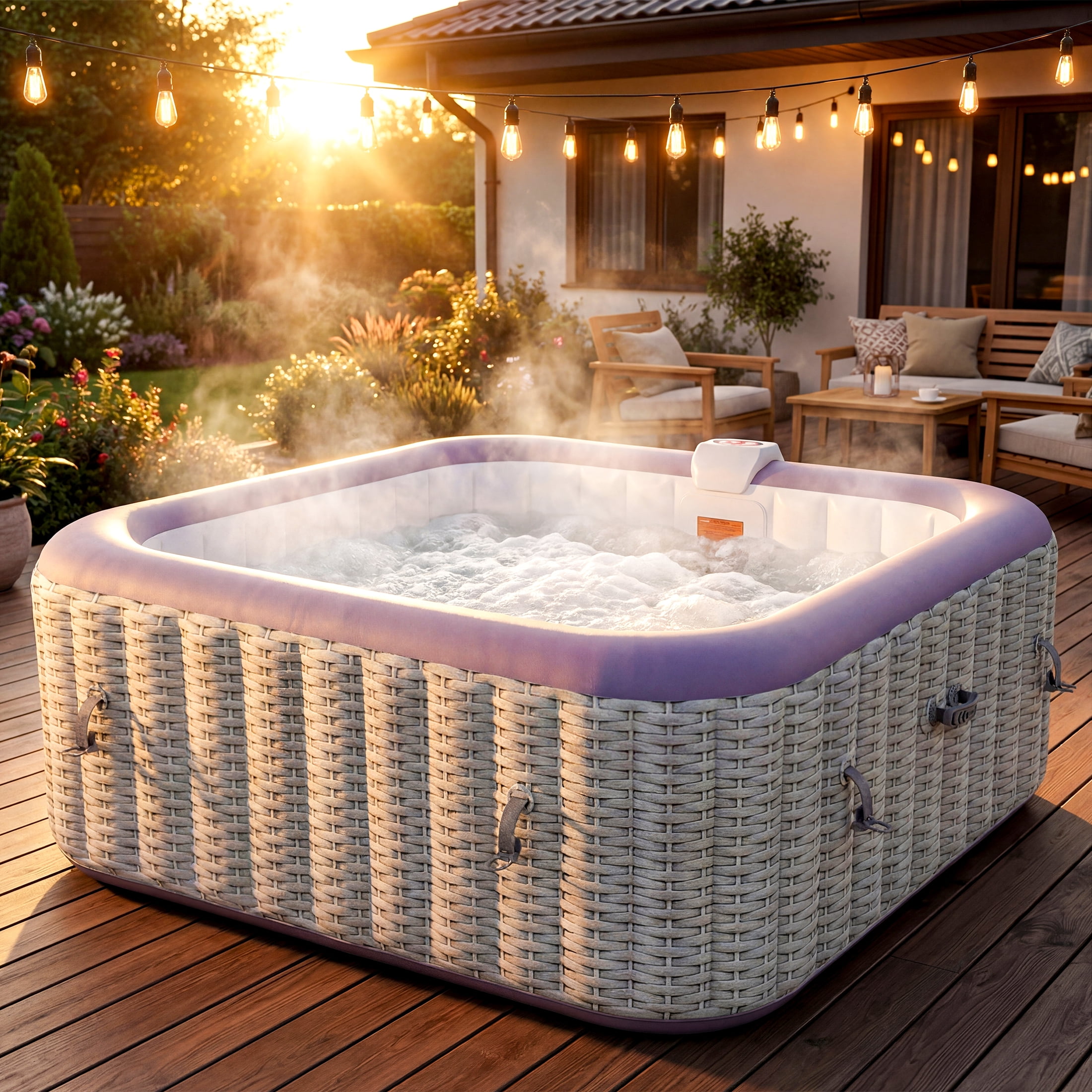 Seizeen 4-6 Persons Inflatable Hot Tub, 73in Square Hot Tub with Built-in Pump, Woven Pattern Home Spa with 130pcs Jets, Lockable Cover, 2 Cup Holders, 4 Filters Rapid Heating up to 104°F