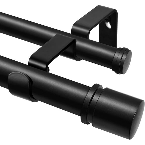 Double Curtain Rod 66 to 120 Inch, 1 Inch Heavy Duty Curtain Rods for Windows, Telescoping Double Drapery Rod with Simple Cap Finials, Black