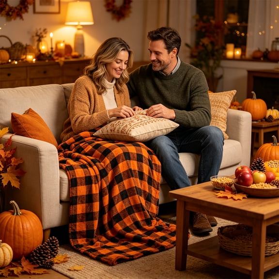 QISIWOLE Black and Orange Buffalo Plaid Blanket, 27x39in Soft Halloween Flannel Blanket for Sofa, Orange Checkered Plaid Fall Christmas Couch Throw, Warm Cozy Fall Bed Blanket Decor Gift