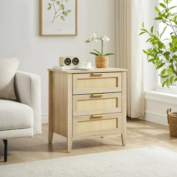 Garvee Boho Rattan Nightstand with 3 Drawers, Modern Farmhouse Bedside Table, Wooden Night Stand with Storage for Bedroom & Living Room, Natural Finish
