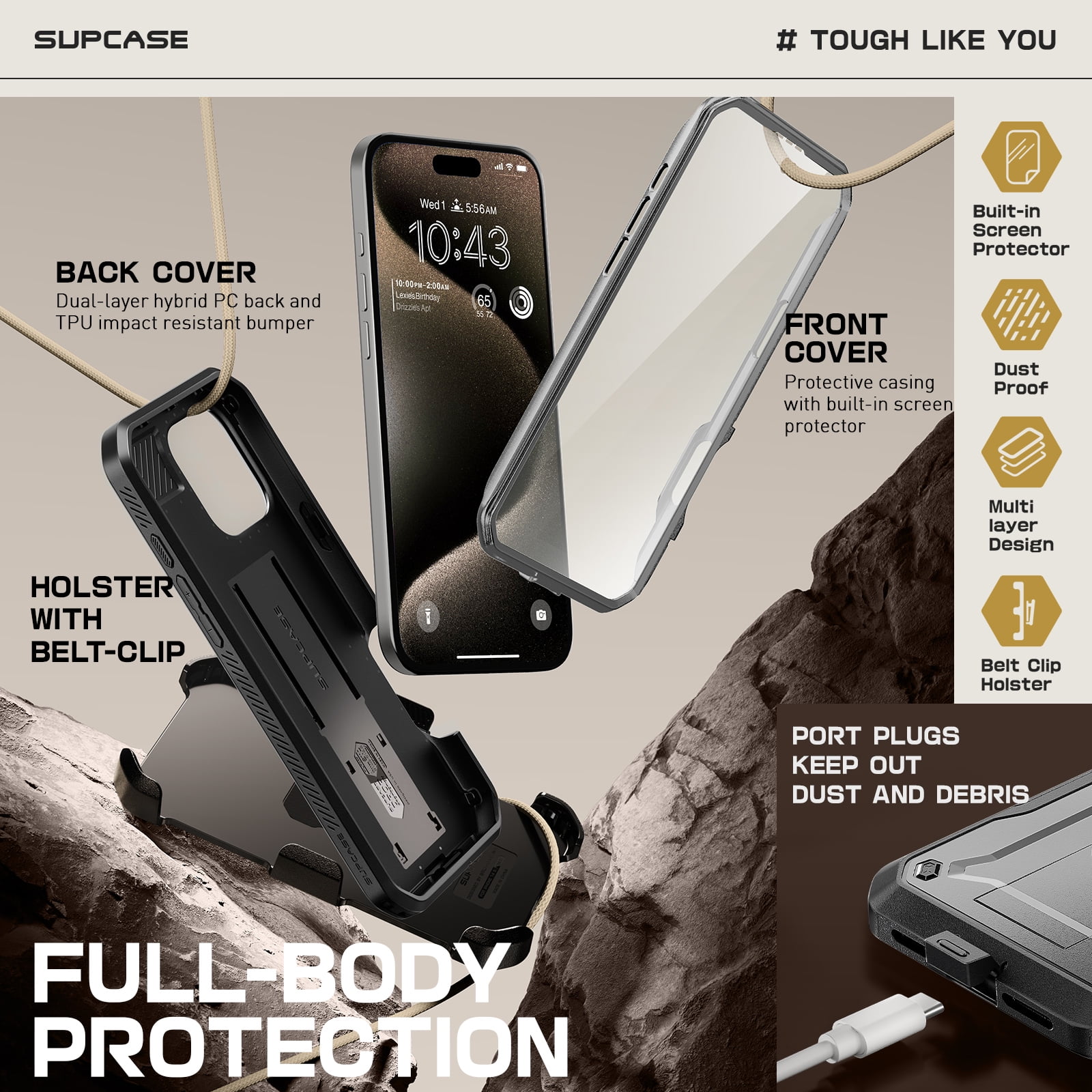 SUPCASE Unicorn Beetle Pro for 2024 Apple iPhone 16 Pro Max 6.9" Case with Screen Protector, [Built-in Stand & Belt-Clip] [Military-Grade Protection] Phone Case Cover for iPhone 16 Pro Max, Gray