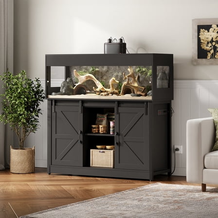 Herture 60 Gallon Reptile Terrarium with Stand, Terrarium Enclosure with Acrylic Doors, Storage Cabinet with Barn Door, Mesh Lid & Power Outlet – Vivarium Habitat for Medium Reptiles Black PX05RTB